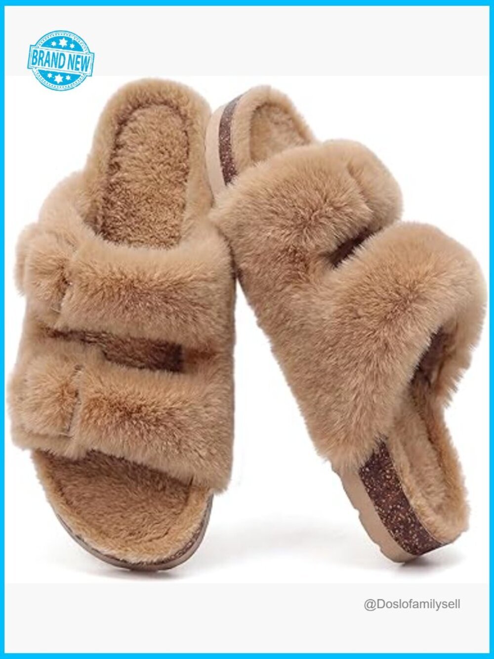 Fuzzy Slippers with Cork Footbed Fluffy Slides Open Toe Indoor House Arch